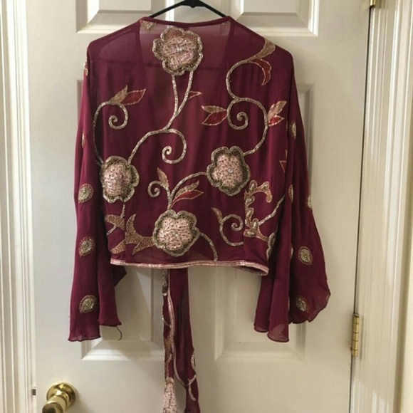 NWT KASHI Silk Embellished Tie Front Top - Picture 5 of 5